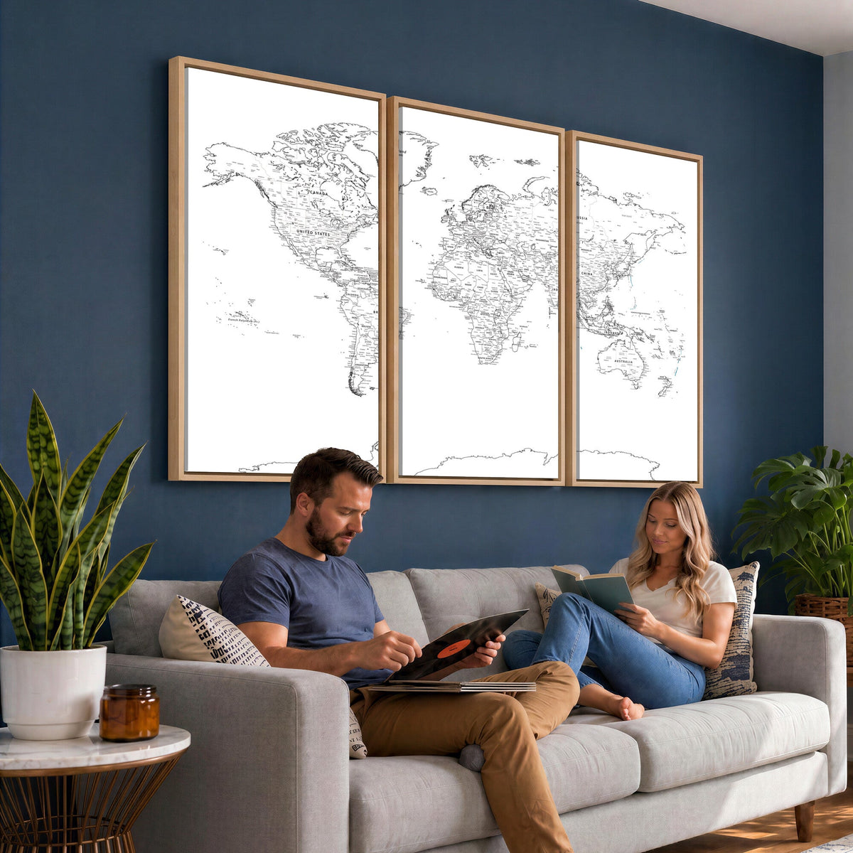 World Map Canvas Print, Framed Modern Detailed Map of the World for Home or Office