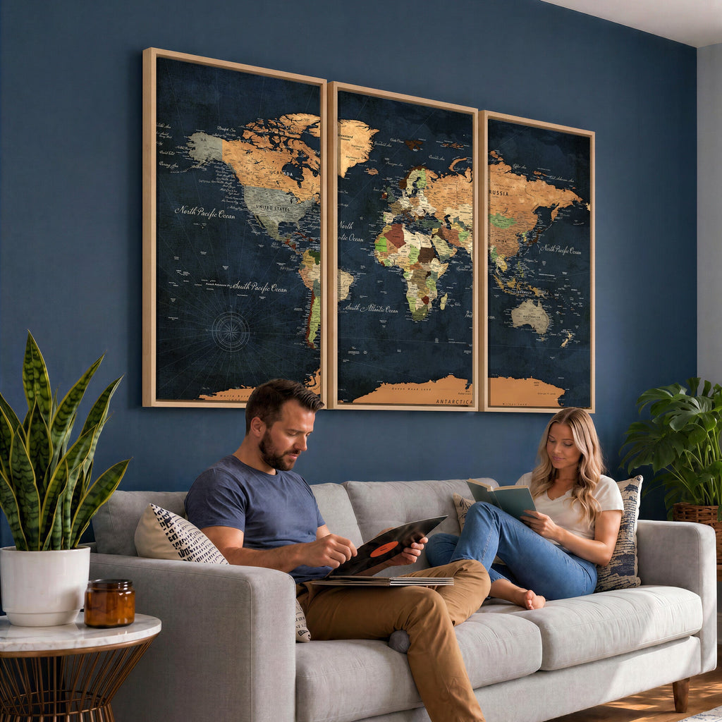 Vintage World Map Canvas Wall Art | Detailed Map with Countries, Oceans and Continents