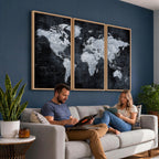 Black World Map Canvas Print | Detailed Map for Couples and Anniversary Gift