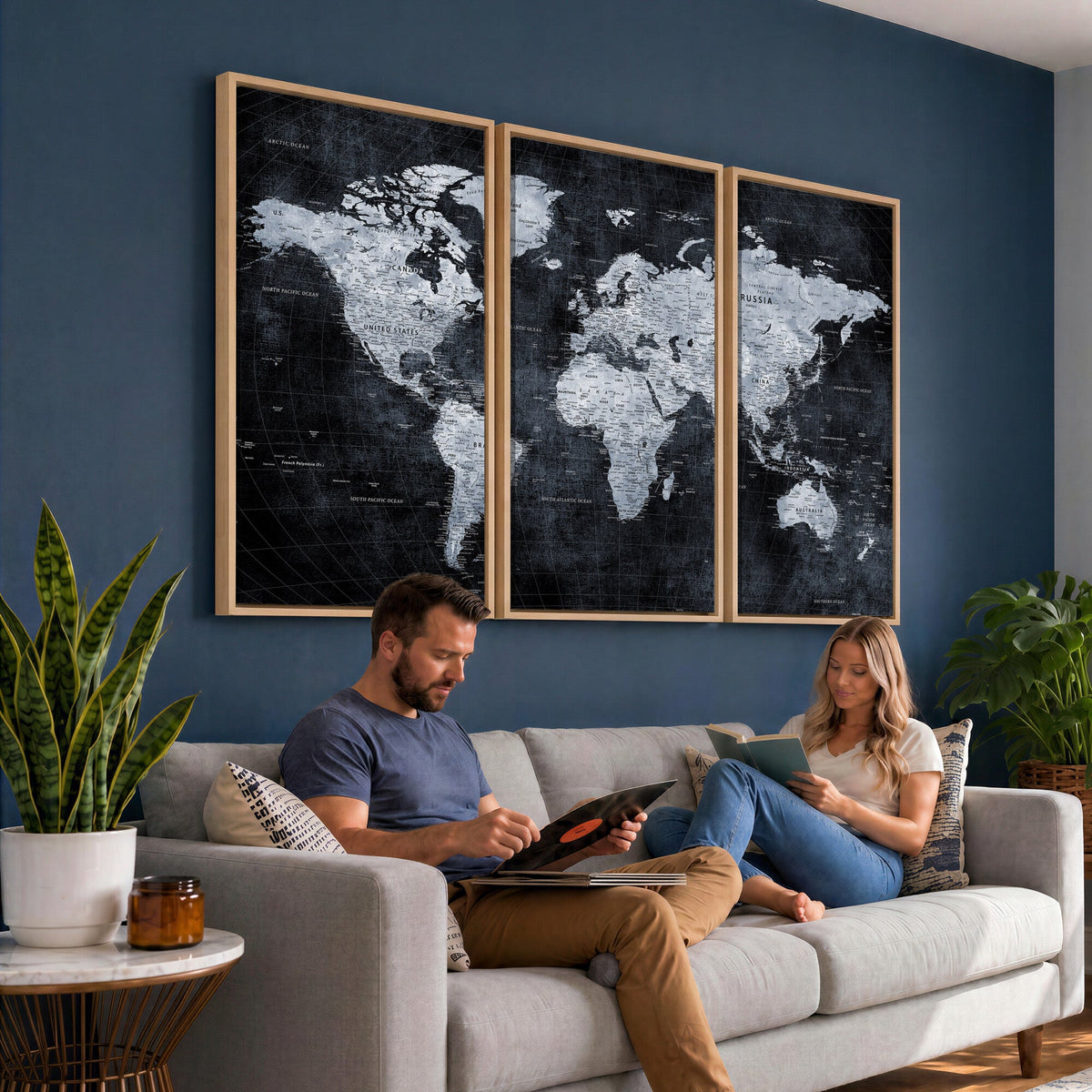 Black World Map Canvas Print | Detailed Map for Couples and Anniversary Gift