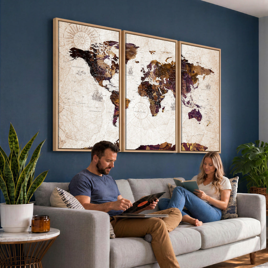 Blue Watercolor World Map Canvas Print | Framed Modern Wall Art