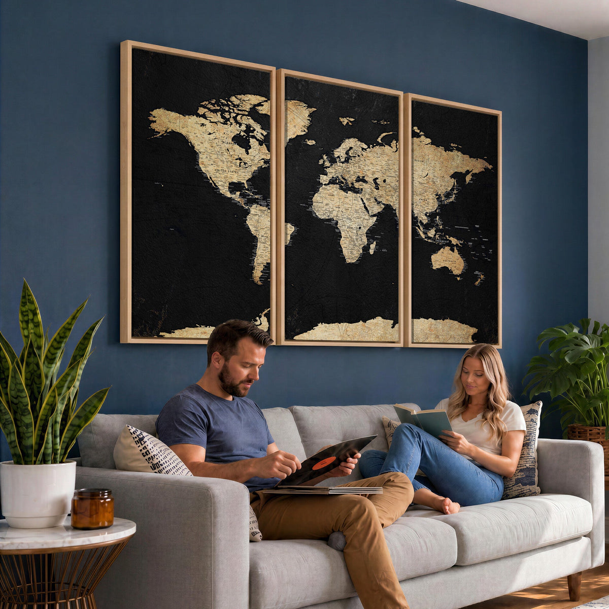 Beige World Map Canvas Wall Art Print, Minimal Black and Beige Map
