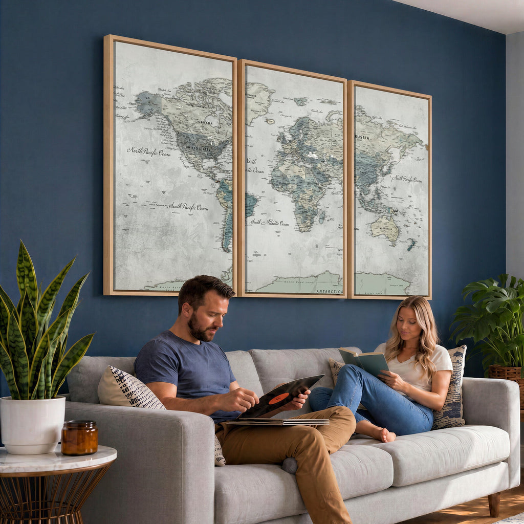 Neutral Vintage World Map Canvas Wall Art Print, Classic Map Artwork