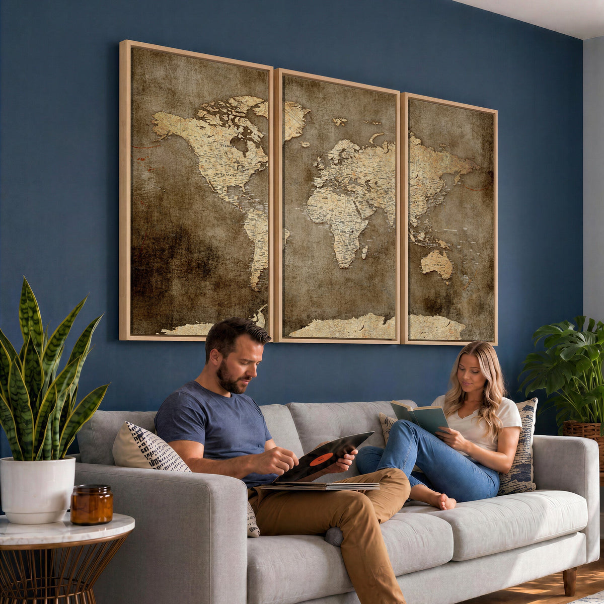 Dark Vintage World Map Canvas Wall Art Print, Antique Map Artwork