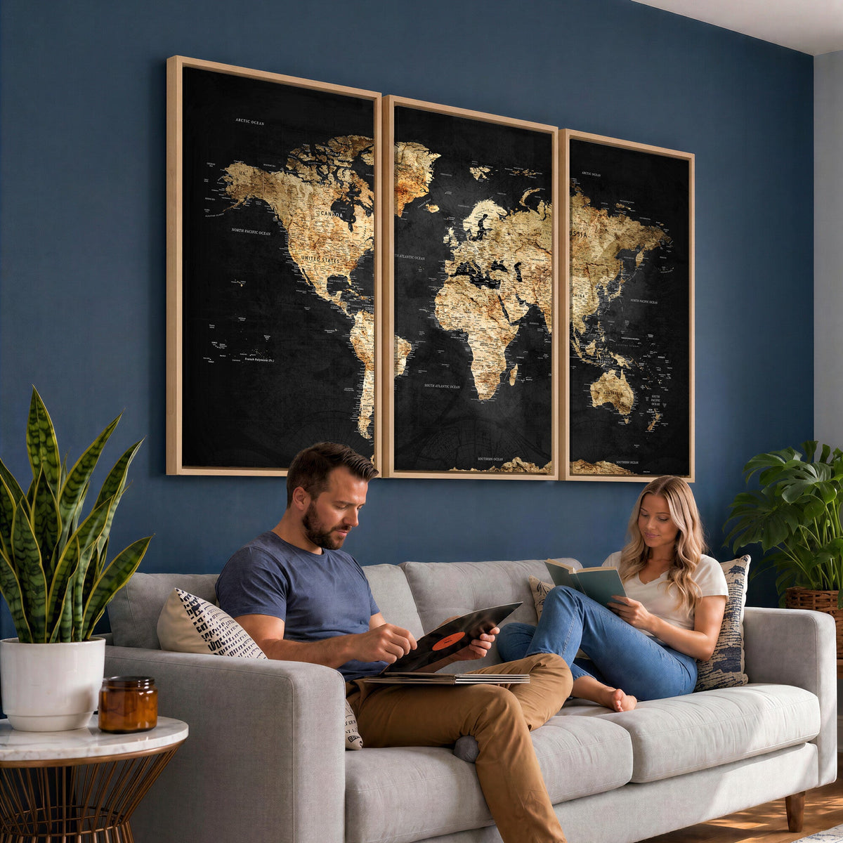 World Map Canvas Wall Art with Famous Landmarks | Framed Travel Map