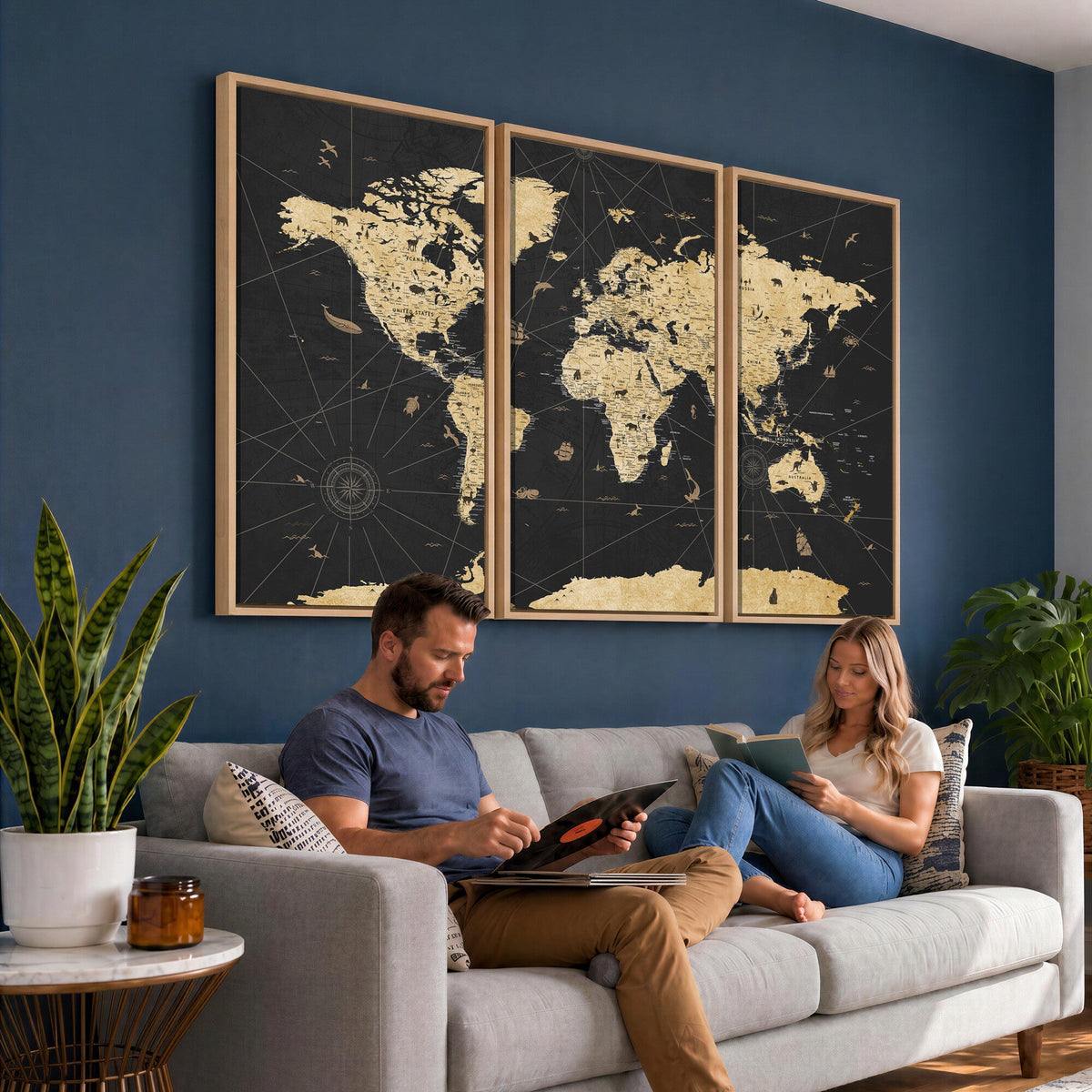 Vintage Blue and Brown World Map Canvas Wall Art | Framed Rustic Map Print