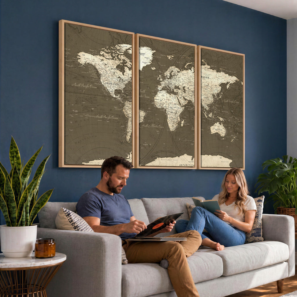 Vintage World Map Canvas Print | Framed Travel Map Wall Art for Couples