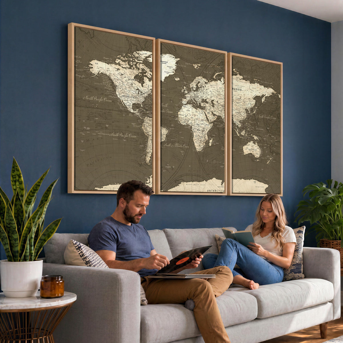 Vintage World Map Canvas Print | Framed Travel Map Wall Art for Couples