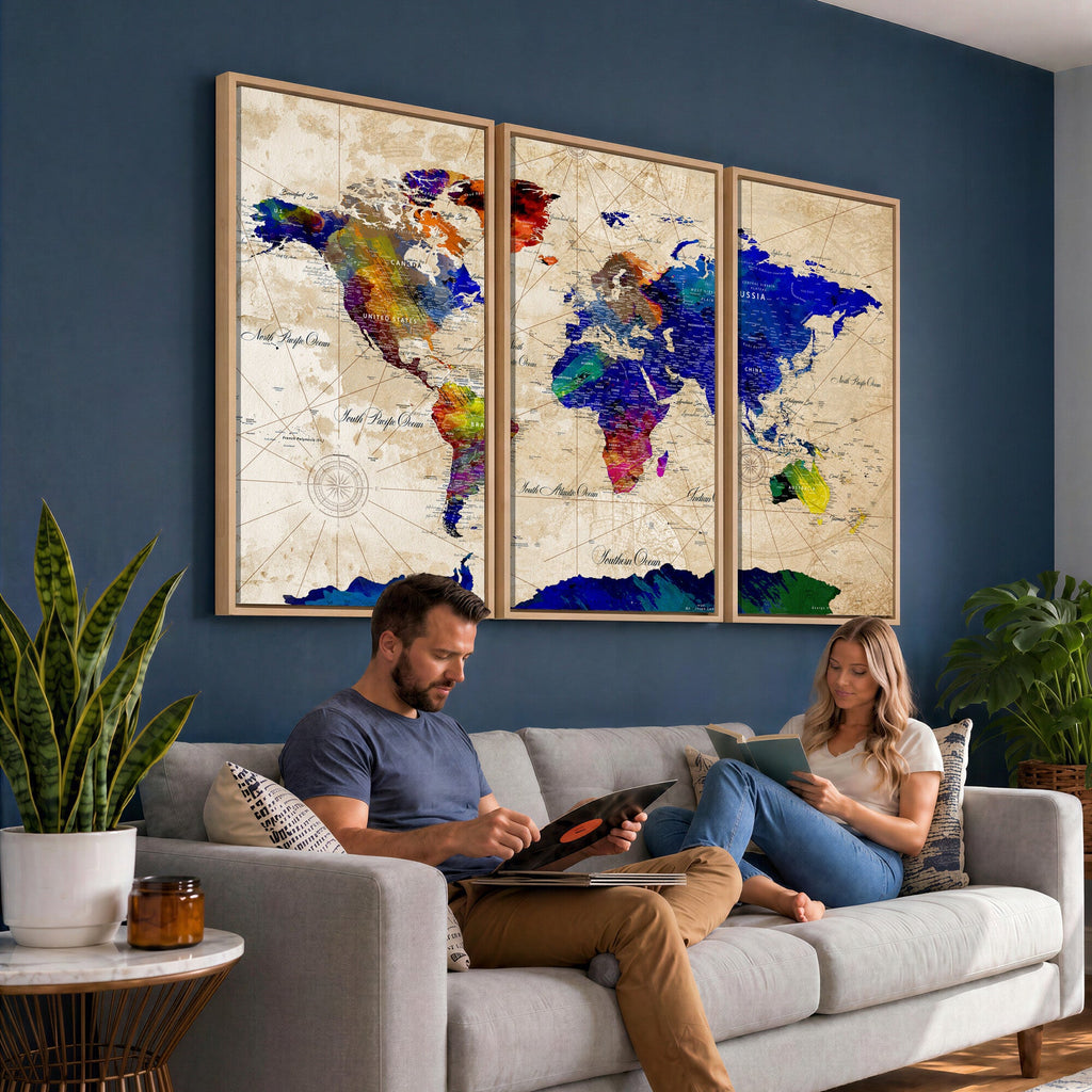 Watercolor World Map Canvas Print | Framed Wall Art for Couples