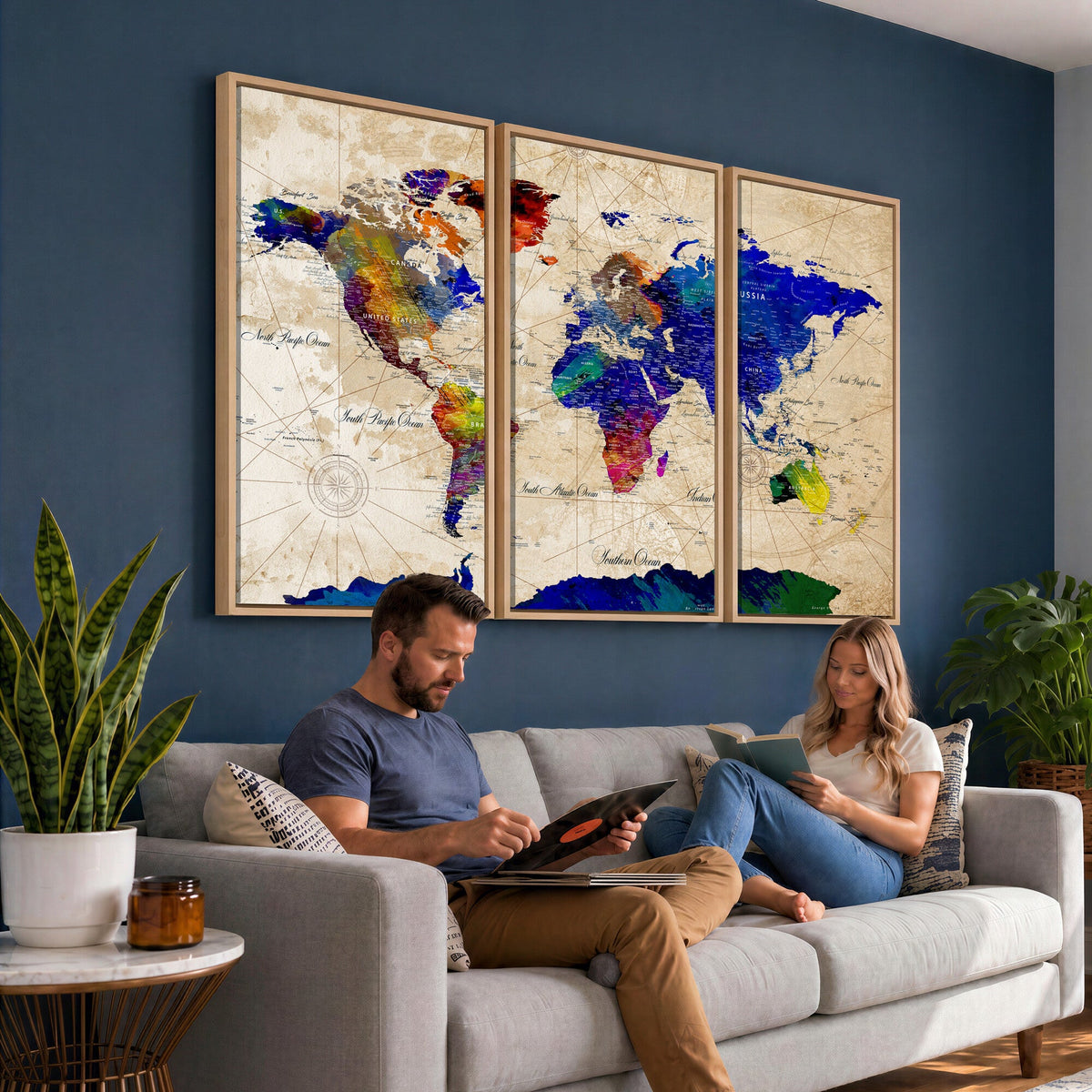 Watercolor World Map Canvas Print | Framed Wall Art for Couples