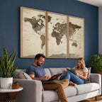Vintage World Map Canvas Wall Art | Framed Antique Style Travel Map