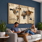 World Map Wall Art | Rustic Earth Tone Canvas Print, Antique Travel Map