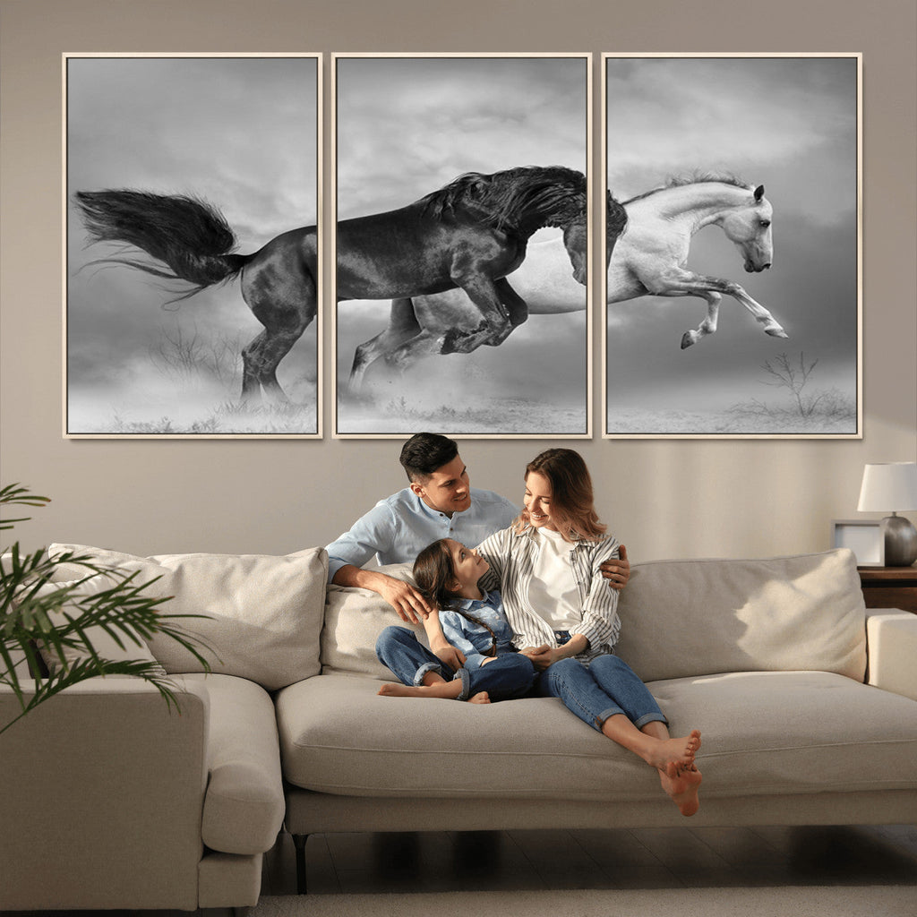 Wild Horses Wall Art Canvas Print, Framed Black and White Galloping Horses