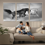 Wild Horses Wall Art Canvas Print, Framed Black and White Galloping Horses