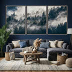 Foggy Mountain Forest Canvas Print, Misty Pine Trees Nature Wall Art