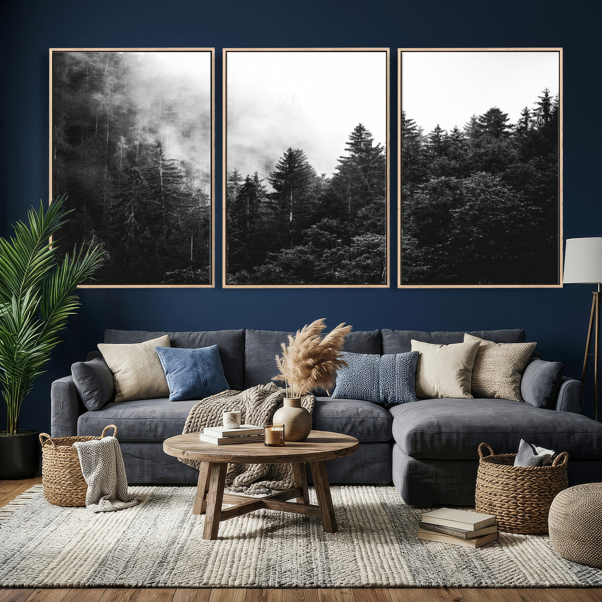 Black White Forest Wall Art Canvas Print, Misty Pine Tree Landscape