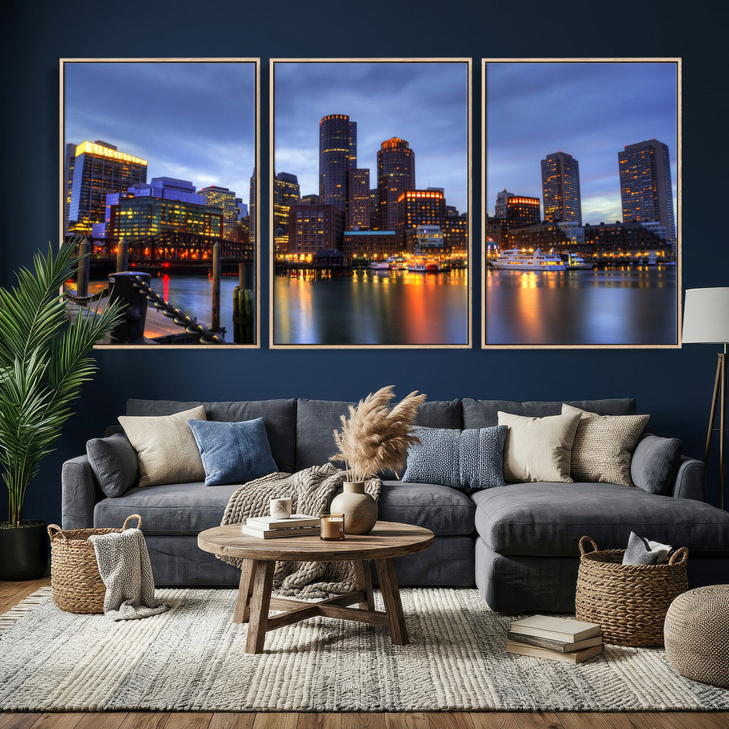 Boston Wall Art Canvas Print, Boston City Downtown Night Cityscape