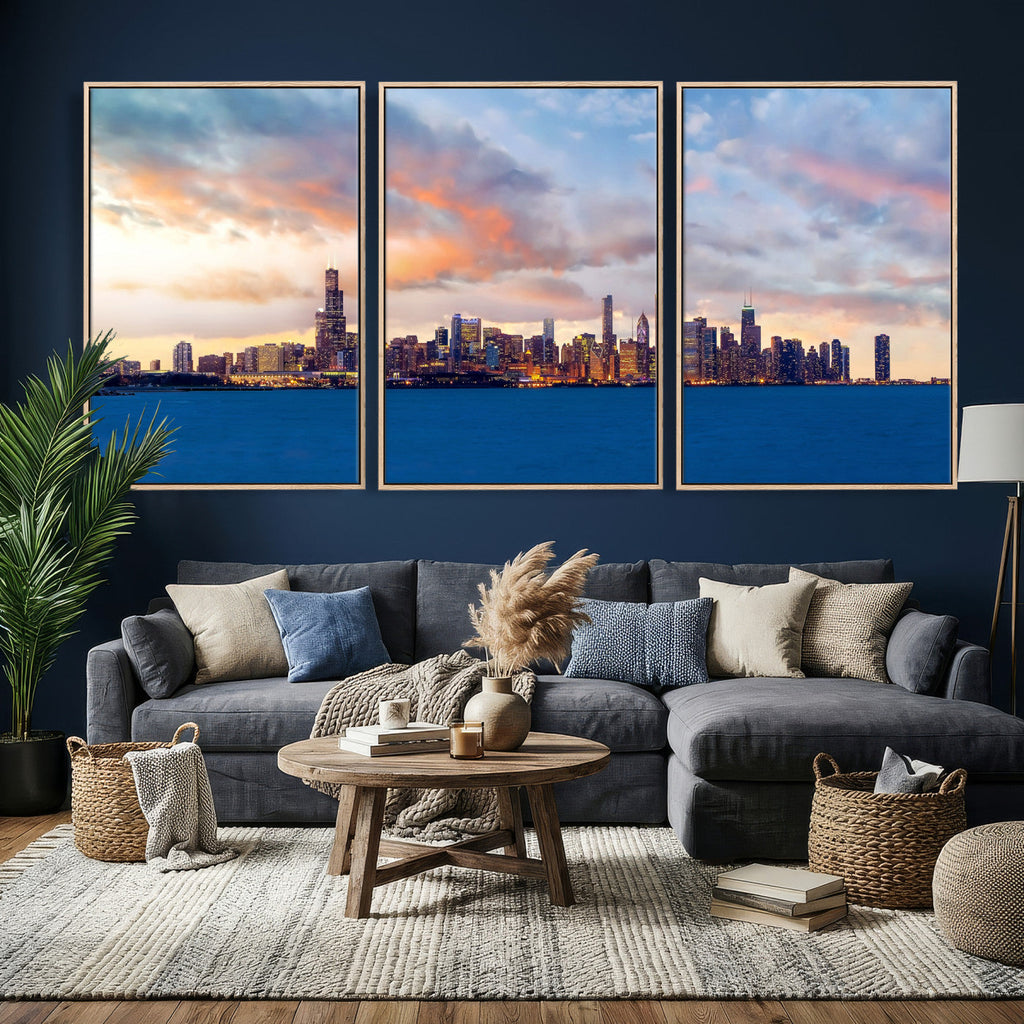 Chicago Wall Art Canvas Print - Chicago City Downtown Night Cityscape