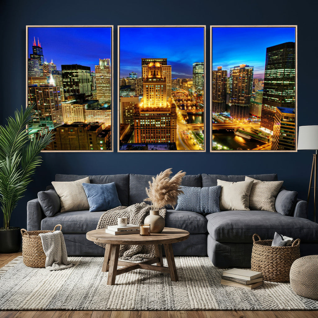 Chicago Wall Art Canvas Print - Chicago City Downtown Night Cityscape