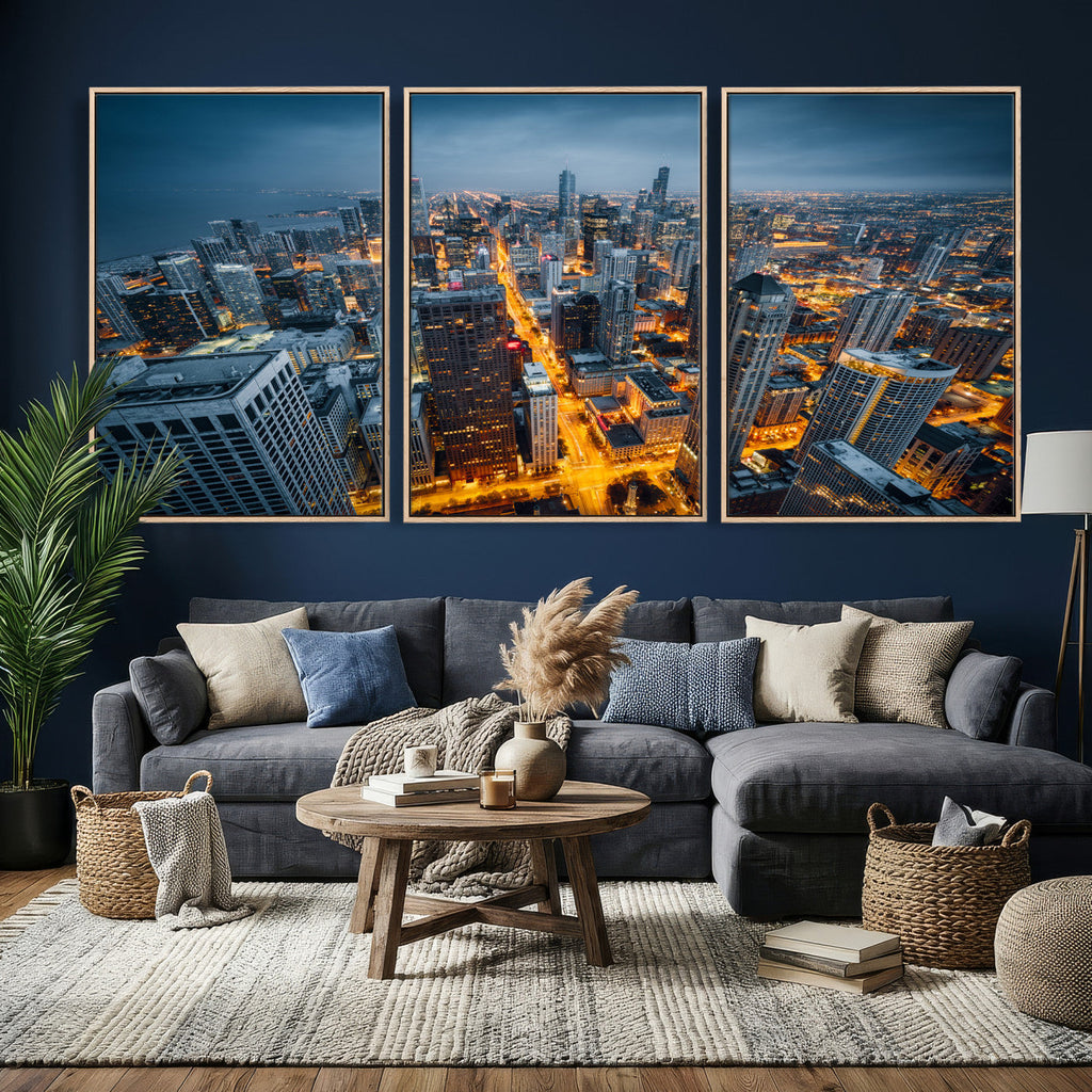 Chicago Wall Art Canvas Print - Chicago City Downtown Night Cityscape
