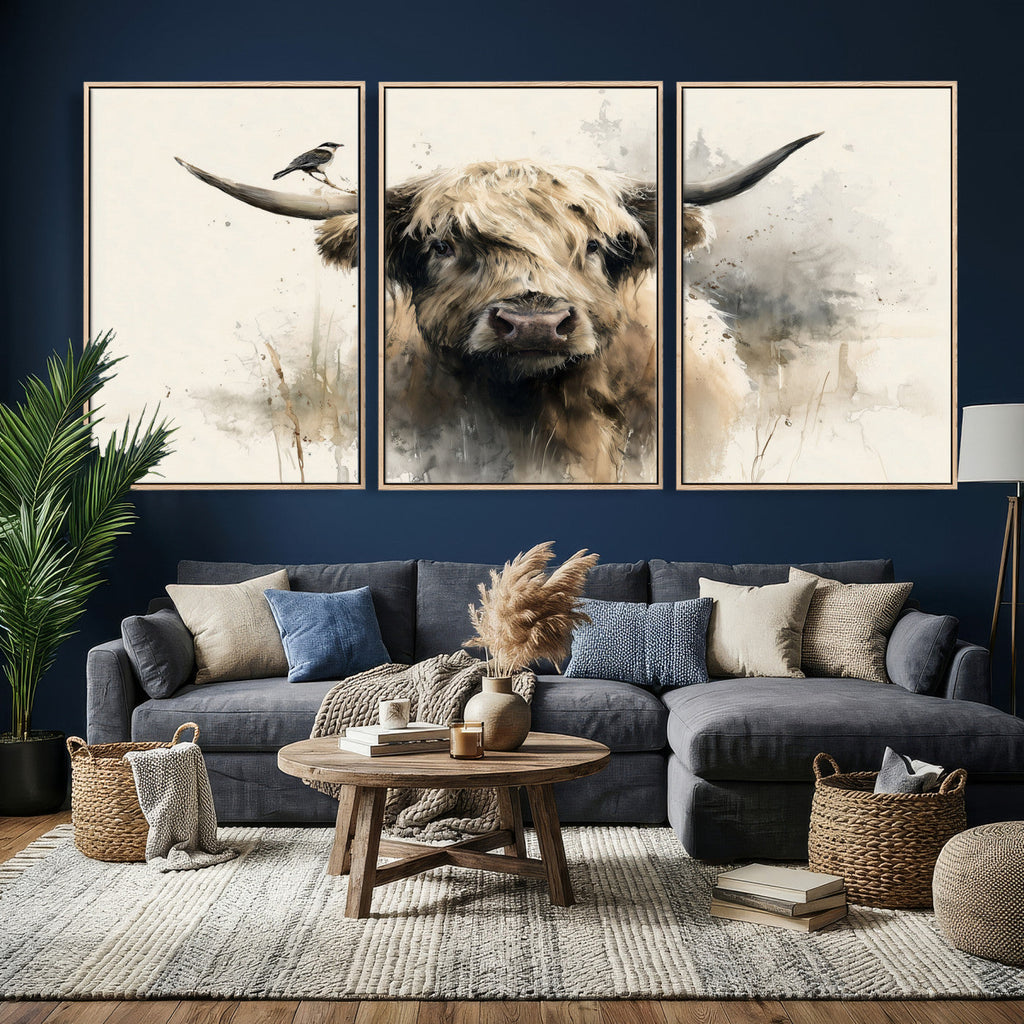Abstract Highland Cow Wall Art Canvas Print, Rustic Farm Cattle Portrait