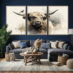 Abstract Highland Cow Wall Art Canvas Print, Rustic Farm Cattle Portrait