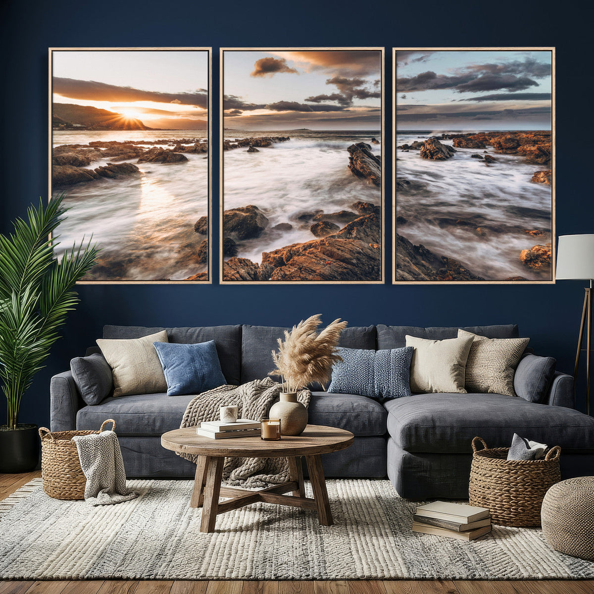 Rocky Coast Ocean Sunset Wall Art Canvas Print, Dramatic Seascape Nature Decor
