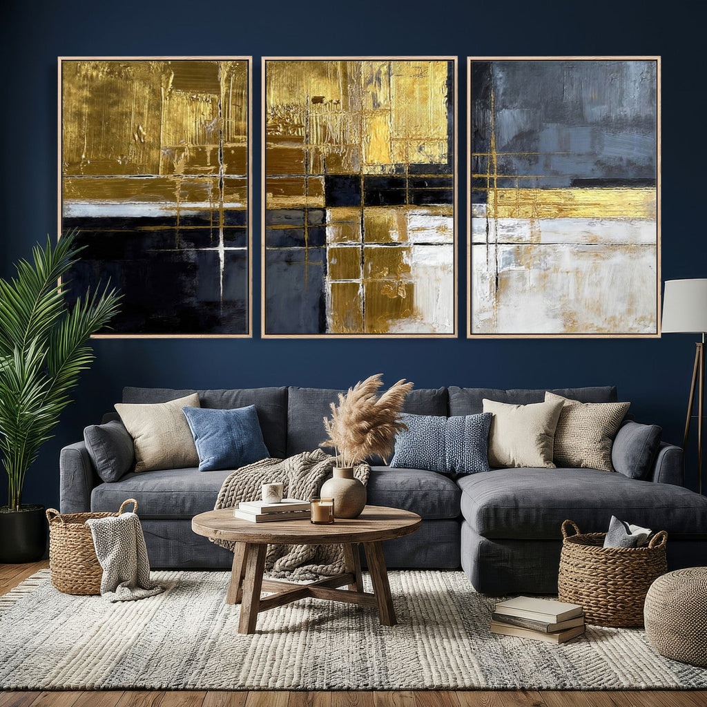 Gold Navy Abstract Wall Art Canvas Print, Modern Luxury Geometric Art for Living Room and Office