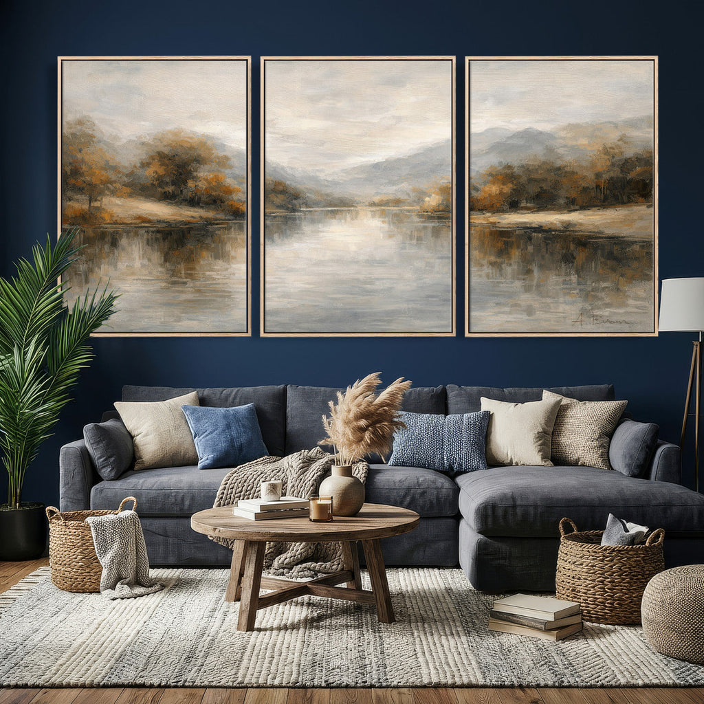 Neutral Abstract River Landscape Wall Art Canvas Print