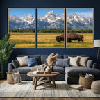 Bison in Mountain Landscape Wall Art Canvas Print, Western Decor