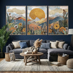 Boho Mountain Landscape Large Wall Art, Horizontal Gold Sun and Flowers Print
