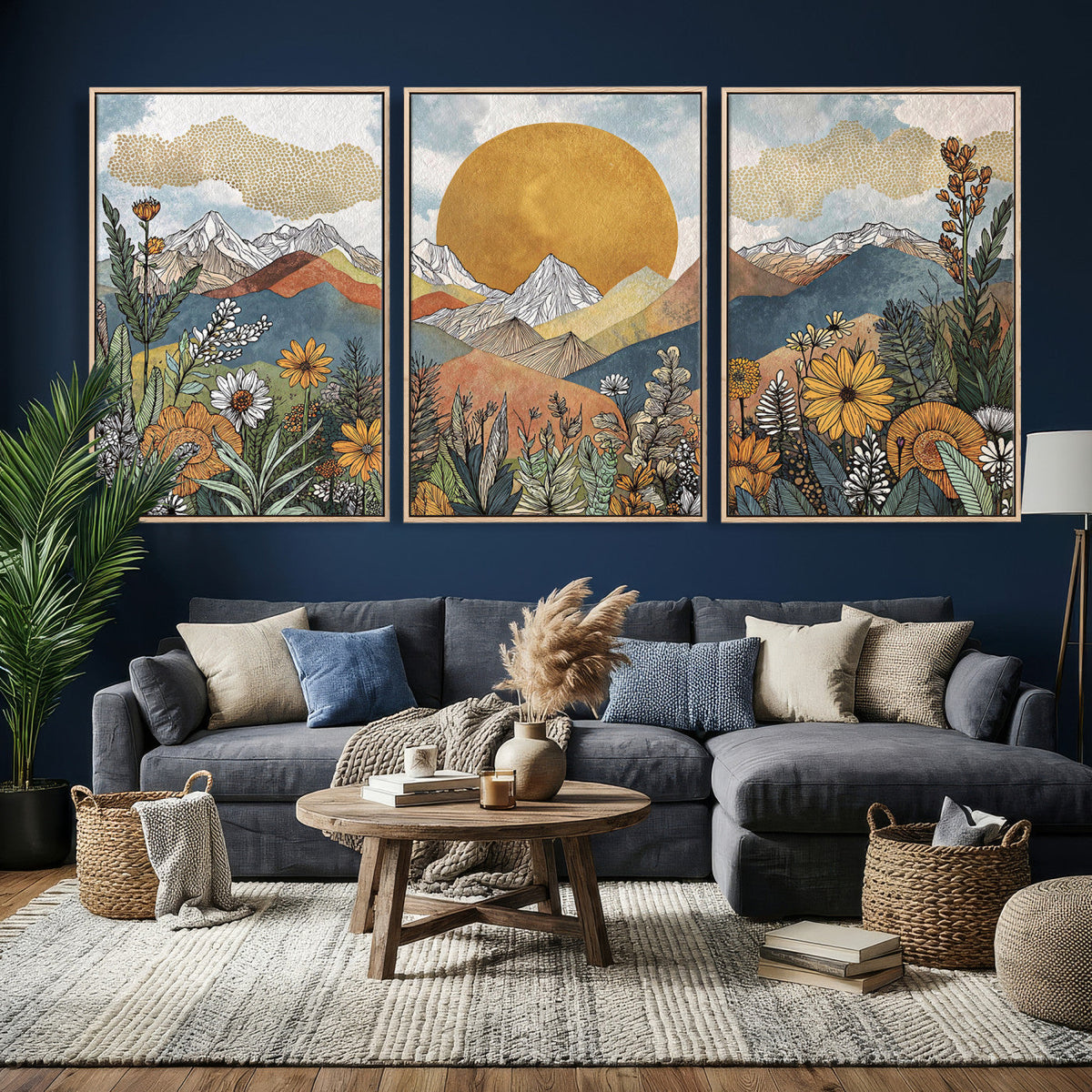 Boho Mountain Landscape Large Wall Art, Horizontal Gold Sun and Flowers Print