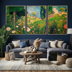 Gustav Klimt Boho Mountain Landscape Large Wall Art, Gold Sun and Flowers Print