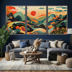 Yayoi Kusama Boho Mountain Landscape Large Wall Art, Gold Sun and Flowers Print