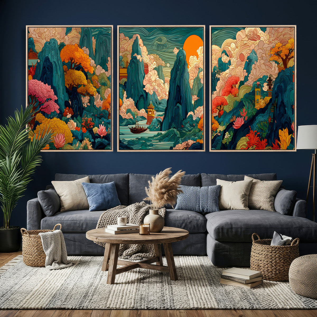 Colorful Japanese Landscape Print: Maximalist Panoramic Wall Art