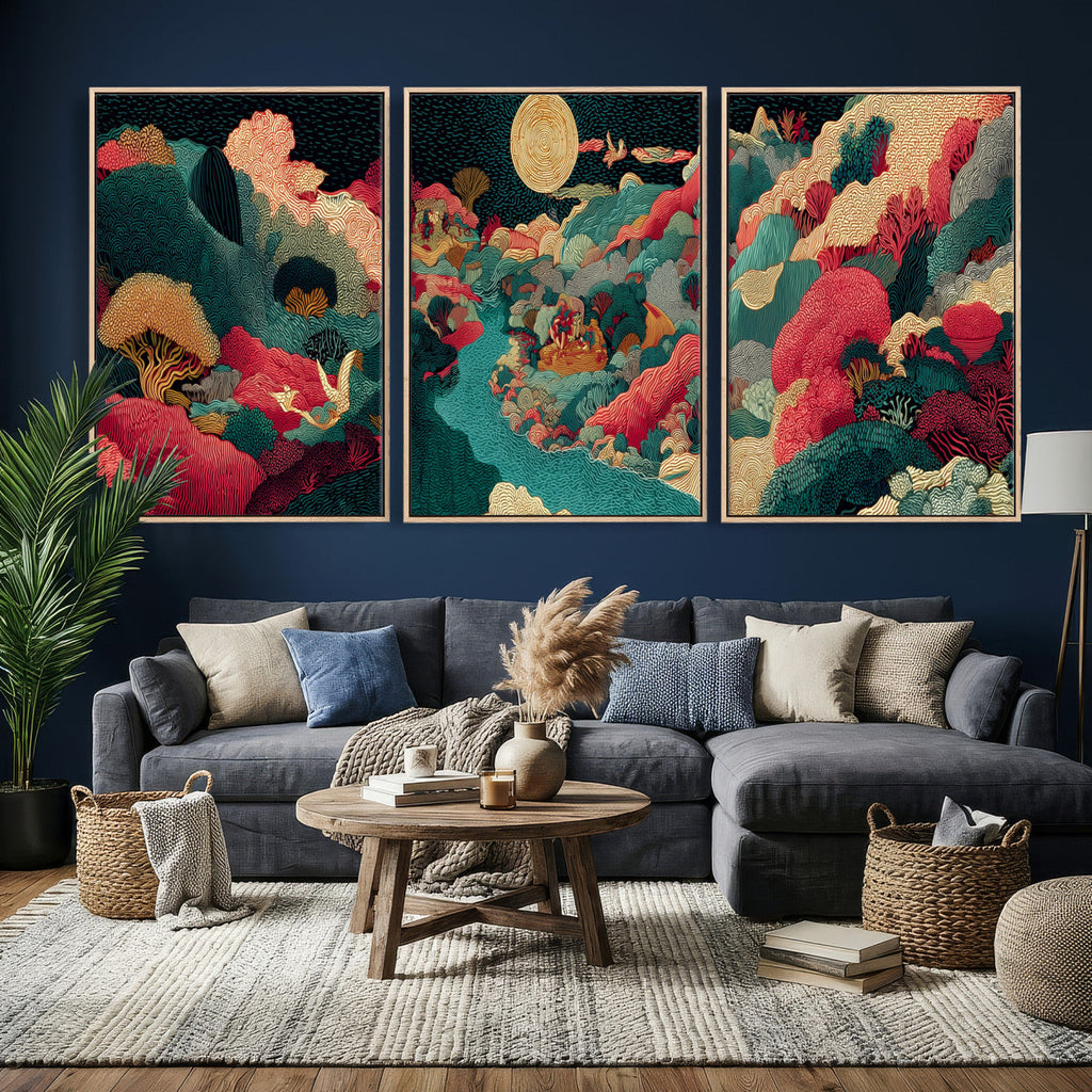 Colorful Japanese Landscape Print: Maximalist Panoramic Wall Art