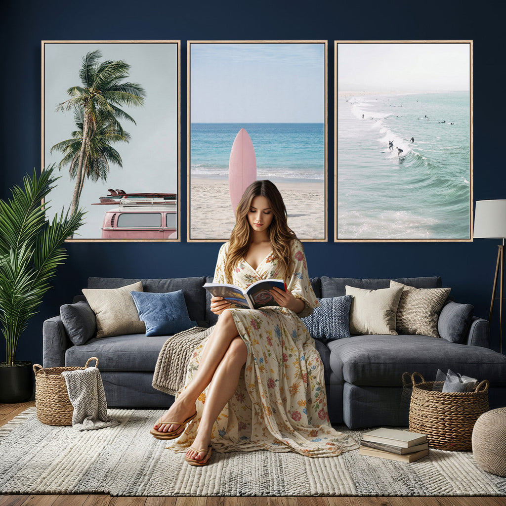 Surf Canvas Wall Art Set, Pink Surfboard VW Van Palm Tree