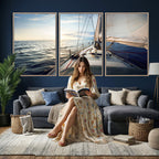 Sailboat Wall Art Canvas Print, Ocean Sunset Sailing Framed Artwork