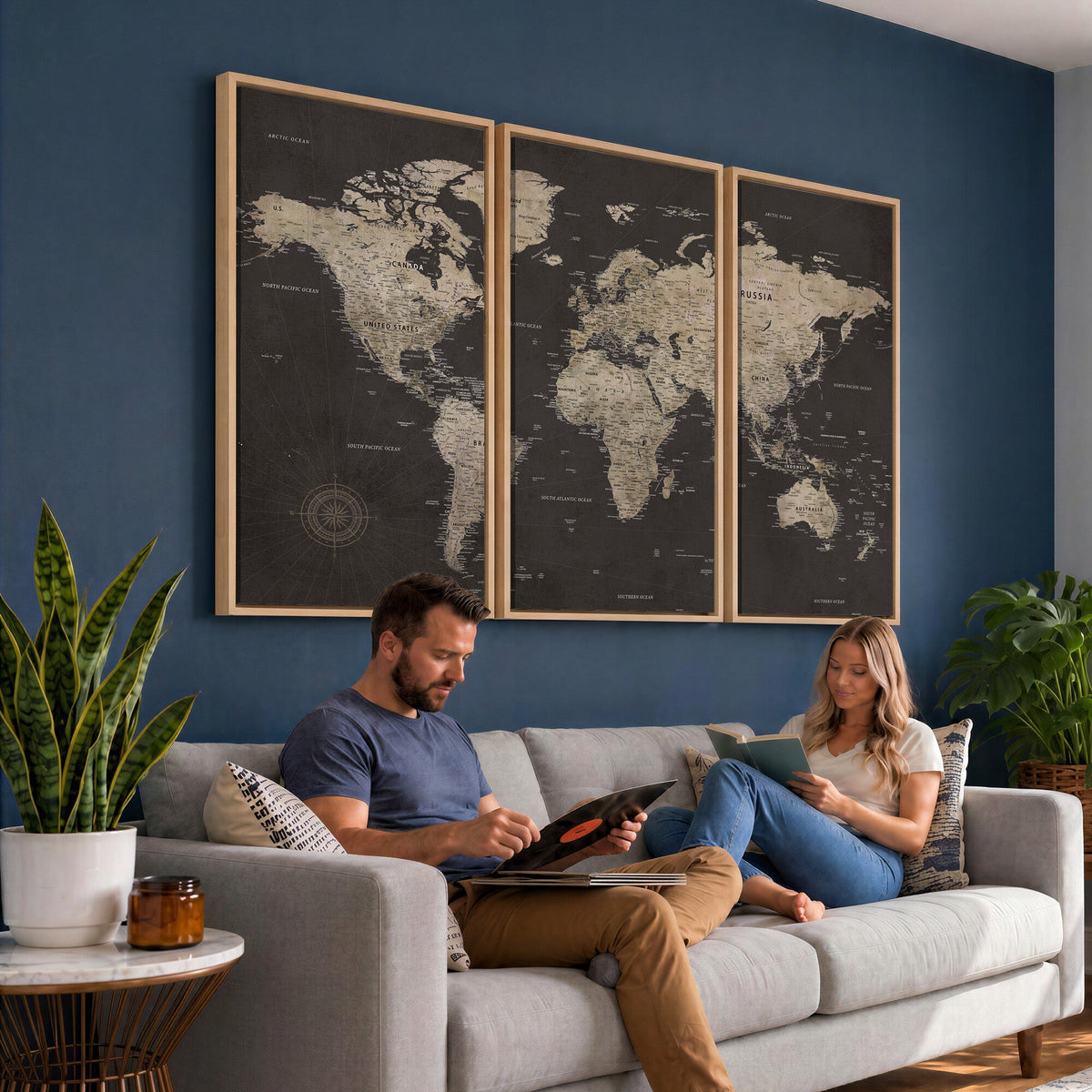 World Map Canvas Wall Art, Dark Charcoal and Antique Tan Detailed Map