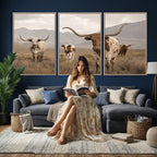 Rustic Texas Longhorn Cow Canvas Wall Art Print, Farm Animal Photography