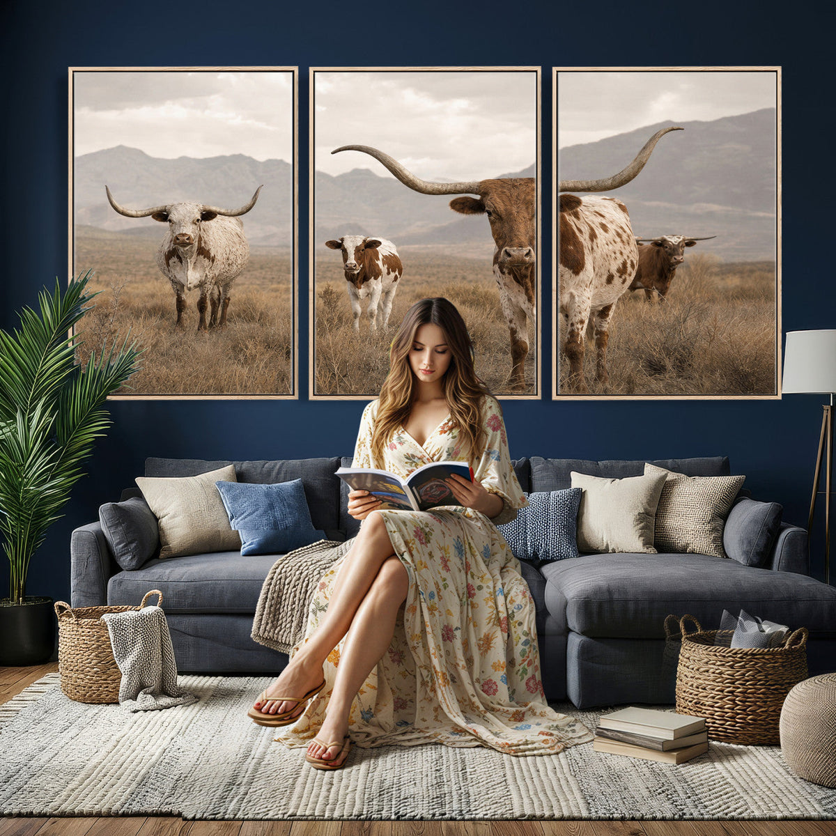 Rustic Texas Longhorn Cow Canvas Wall Art Print, Farm Animal Photography