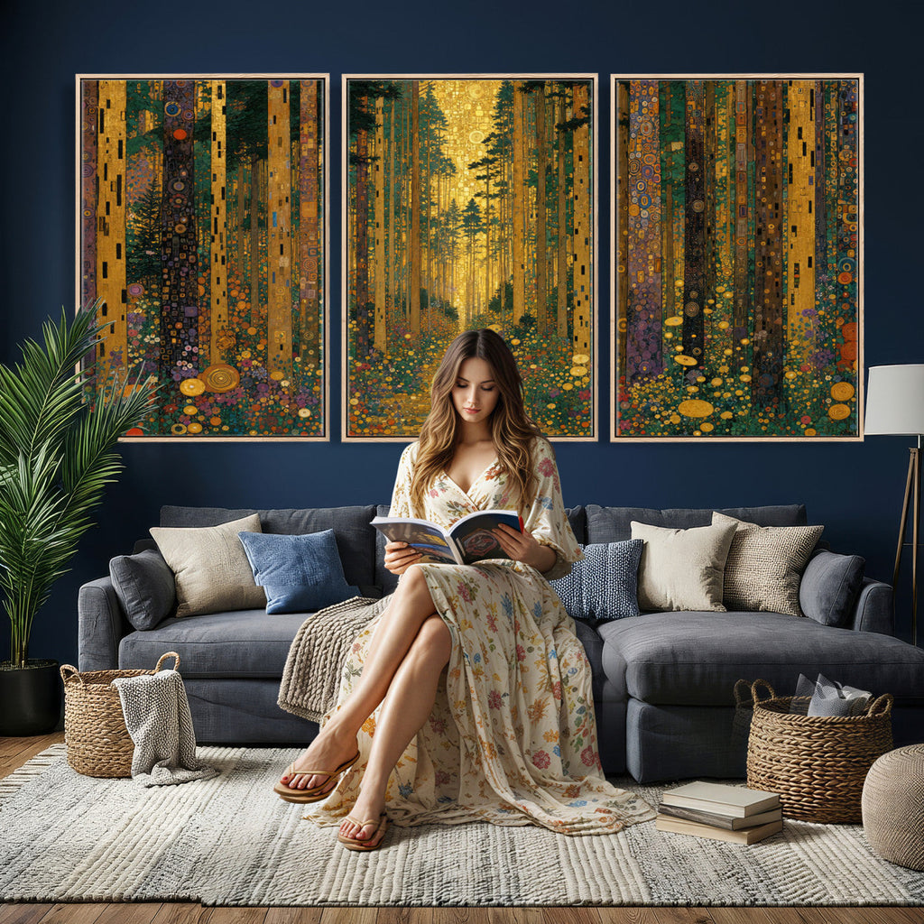 Gustav Klimt Style Forest Canvas Wall Art, Golden Forest Path Floral Art Nouveau Print