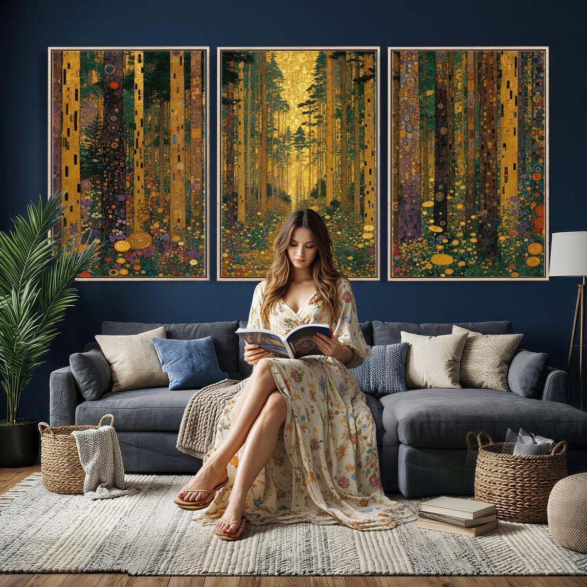 Gustav Klimt Style Forest Canvas Wall Art, Golden Forest Path Floral Art Nouveau Print