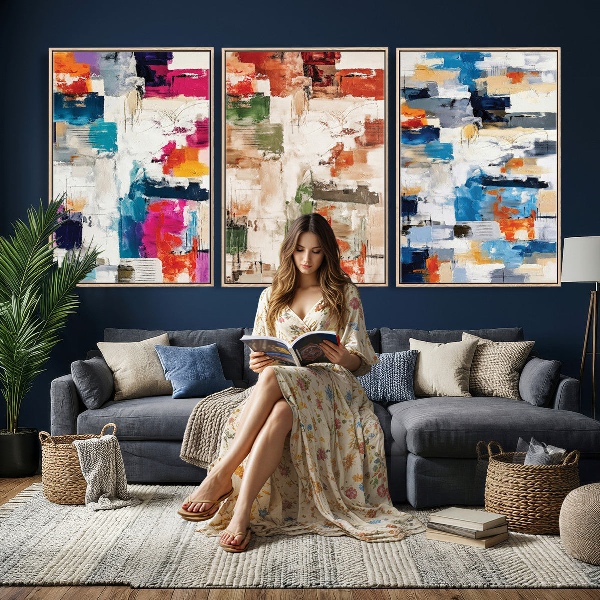 Blue Teal Abstract Canvas Wall Art, Modern Brushstroke Style Print, Navy Orange Contemporary Decor