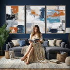 Blue Teal Abstract Canvas Wall Art, Modern Brushstroke Style Print, Navy Orange Contemporary Decor