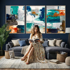 Blue Teal Abstract Canvas Wall Art, Modern Brushstroke Style Print, Navy Orange Contemporary Decor