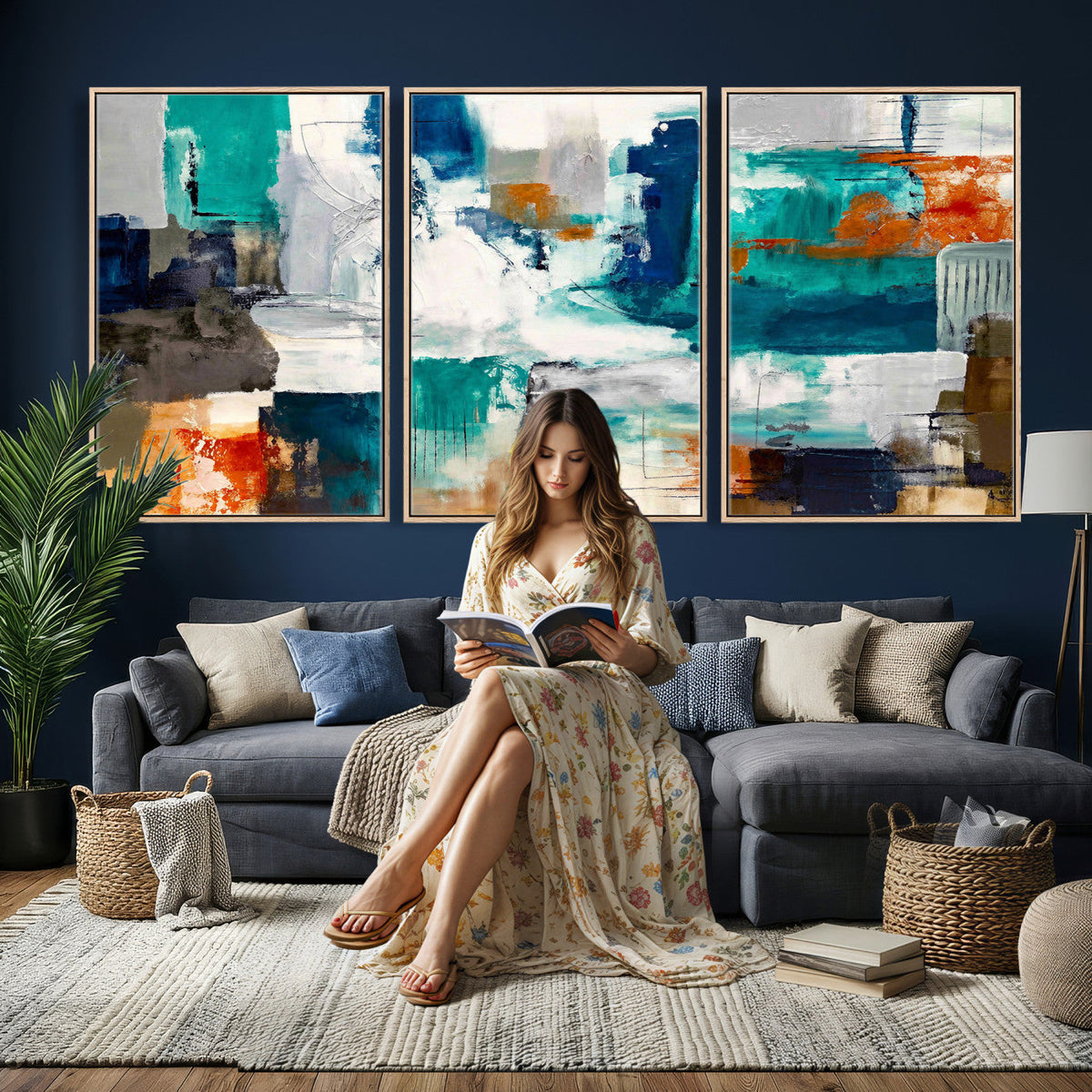 Blue Teal Abstract Canvas Wall Art, Modern Brushstroke Style Print, Navy Orange Contemporary Decor
