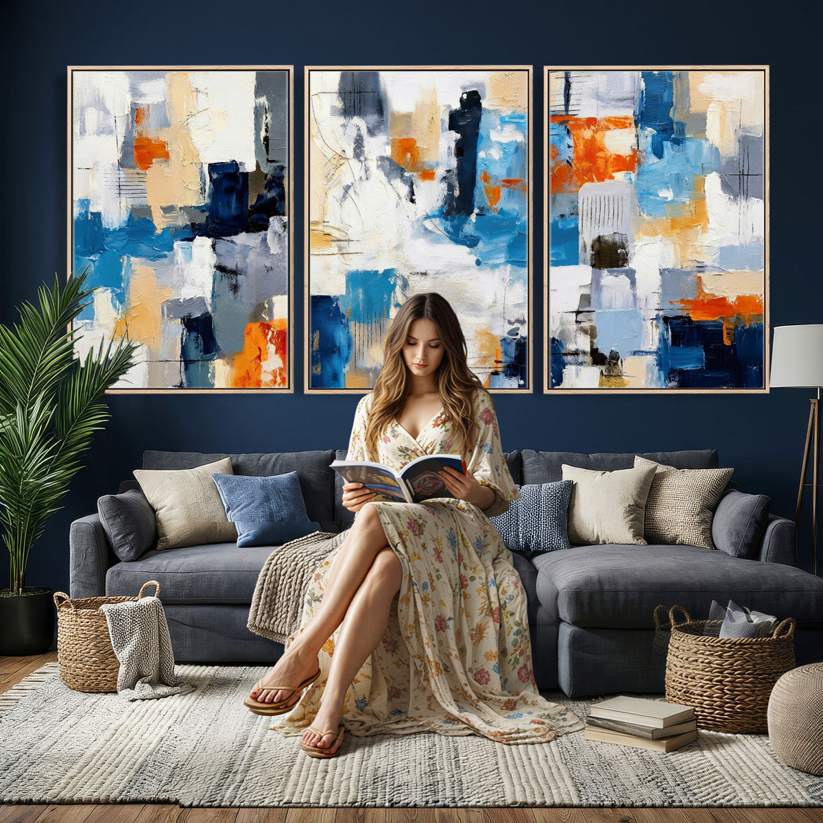 Blue Teal Abstract Canvas Wall Art, Modern Brushstroke Style Painting Print, Navy Orange Contemporary Decor