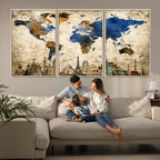 World Map Canvas Print | Vintage Blue and Gold World Map Wall Art
