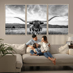 Longhorn Black and White Wall Art | Rustic Western Bull Canvas Print